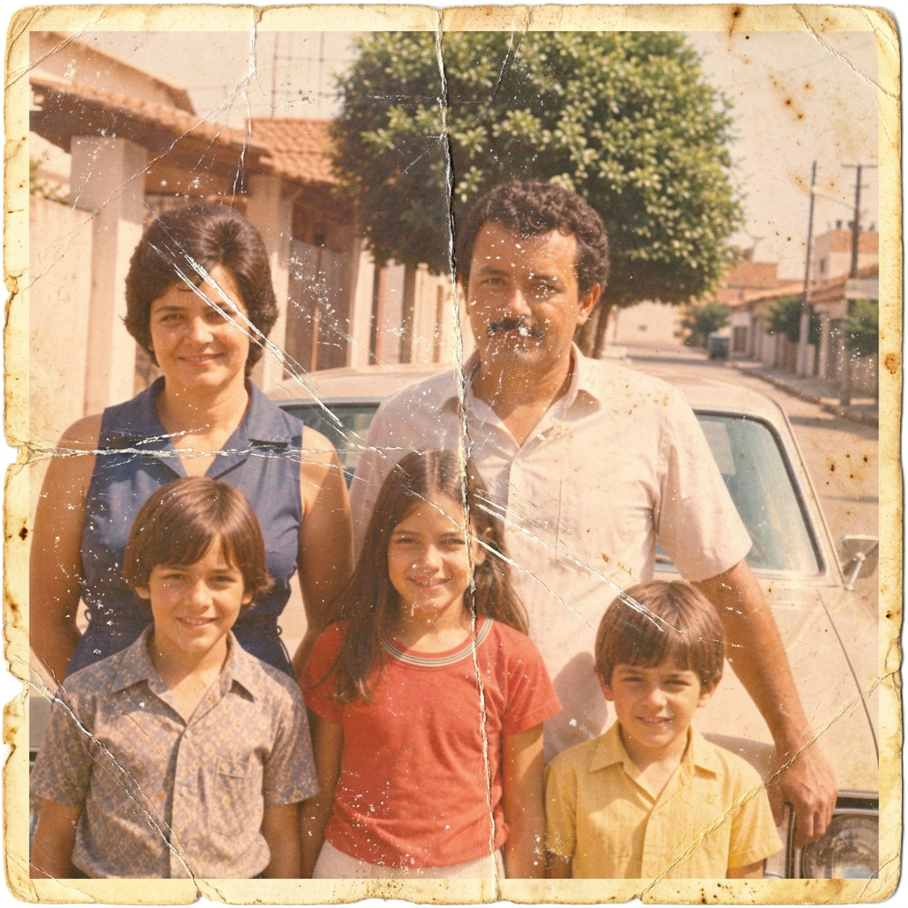 Foto antes da restauração: Família anos 70 · cor recuperada